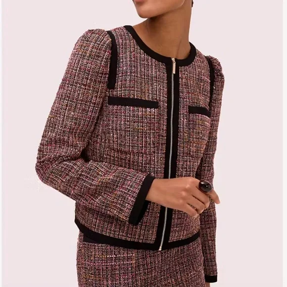 Kate Spade Puff Sleeve Tweed Jacket in Pink Plaid - Picture 1 of 11